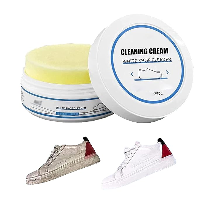 White shoes cleaner from FIZZI SHOP, 260 gm bottle, showing the cleaning solution and a pair of white shoes being cleaned.