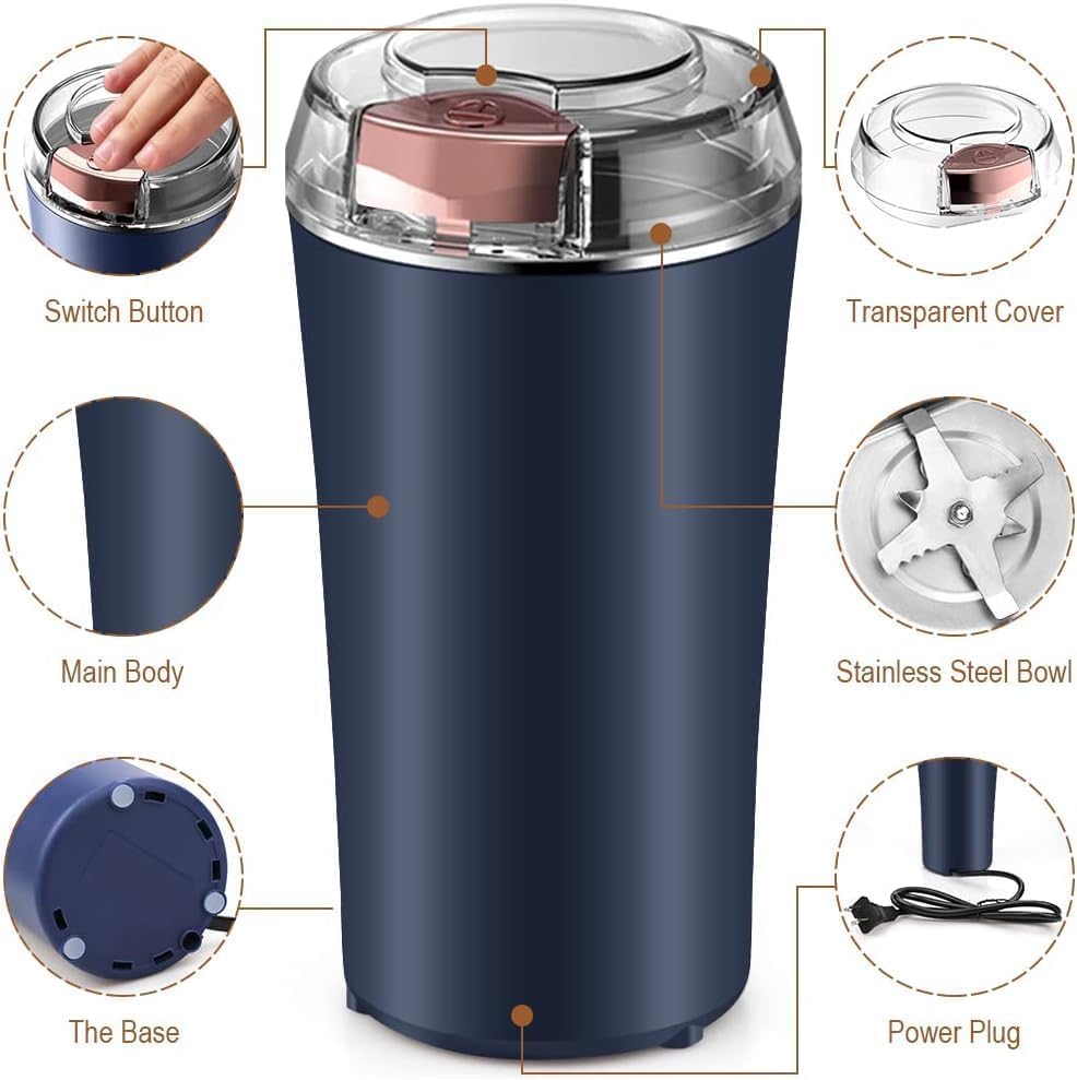 FIZZI SHOP electric coffee grinder with stainless steel conical burrs and black plastic body for fresh ground coffee.