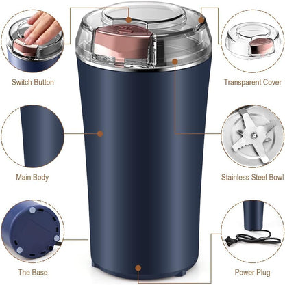FIZZI SHOP electric coffee grinder with stainless steel conical burrs and black plastic body for fresh ground coffee.