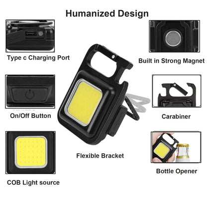 Rechargeable LED COB keychain light from FIZZI SHOP JK SIDHU with compact design and bright illumination, shown with keyring attachment.