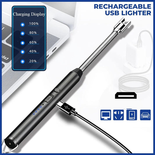 Rechargeable USB electric gas lighter from FIZZI SHOP with a sleek black handle and metal ignition arc for easy lighting.