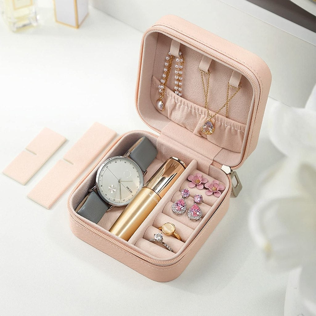 PU jewellery box by FIZZI SHOP JK SIDHU with compartments for organizing necklaces, rings, and earrings in a stylish design.