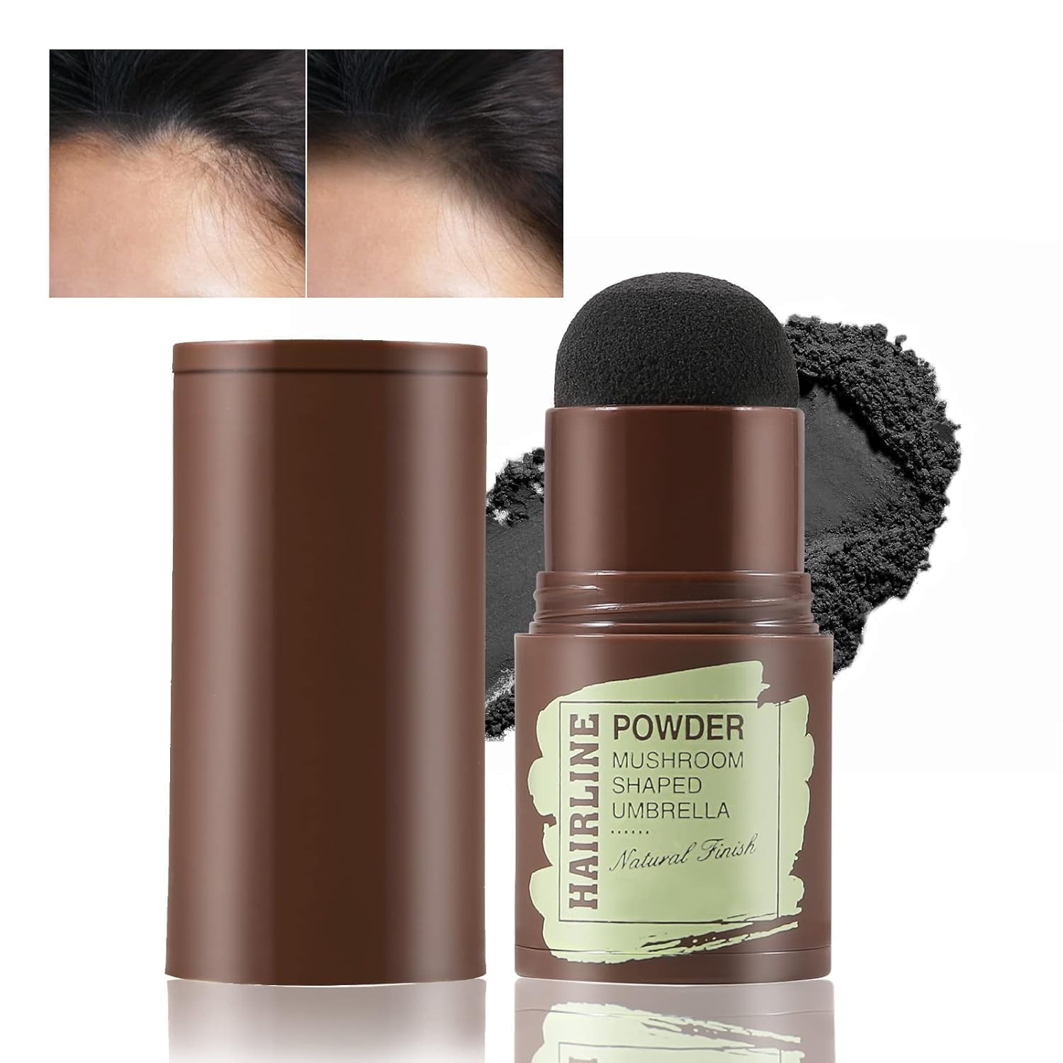 FIZZI SHOP black hair line powder stick applied along hairline for natural, defined hairline appearance.