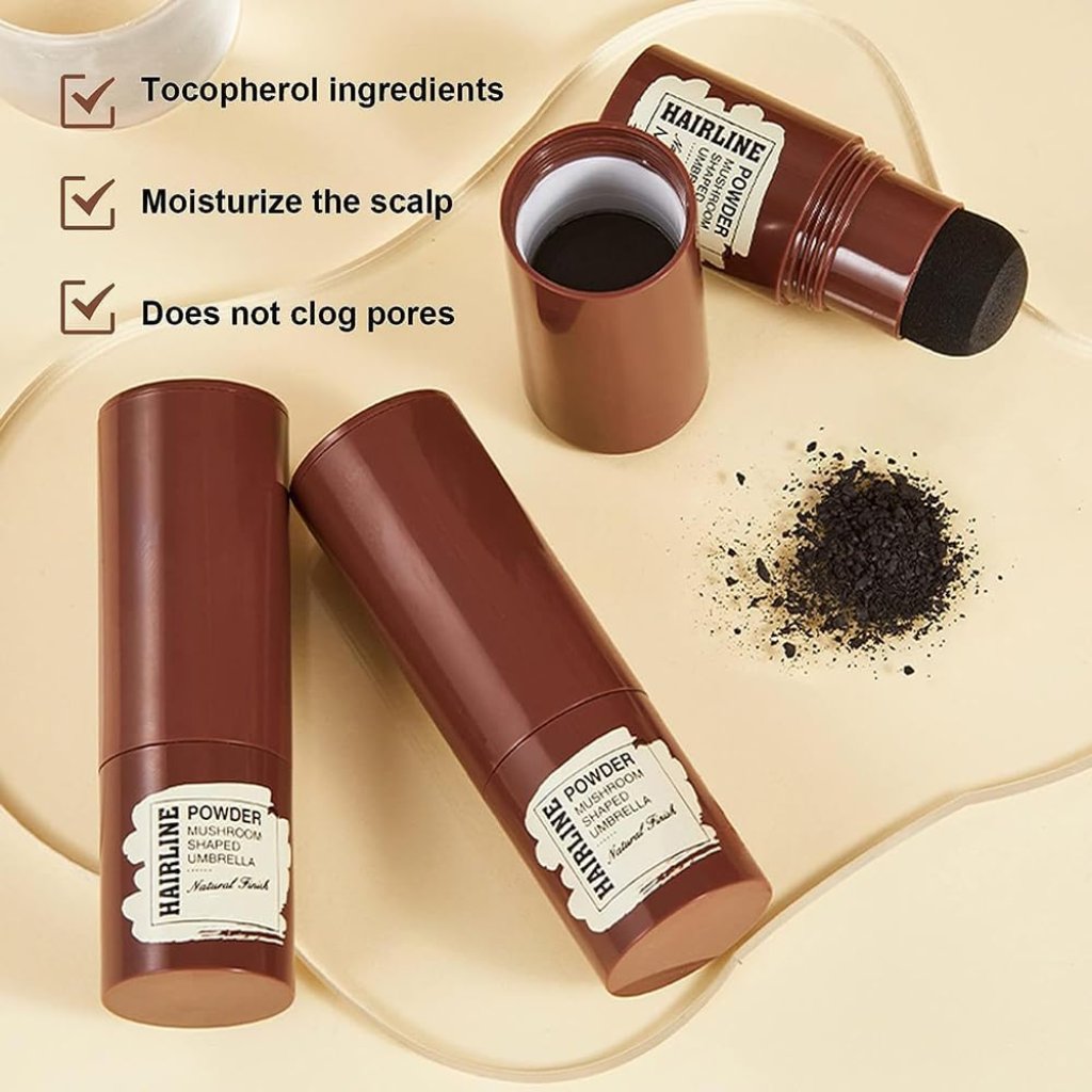 FIZZI SHOP black hair line powder stick applied to hairline, natural-looking hair enhancement for a fuller appearance.