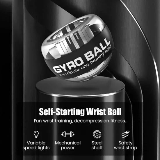 FIZZI SHOP gyro ball with textured grip and rotating design for hand exercise and stress relief, shown in close-up.