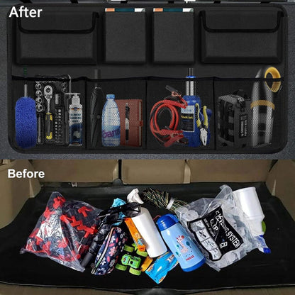 FIZZI SHOP JK SIDHU car backseat trunk organizer with multiple compartments and adjustable straps for vehicle storage.