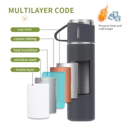 FIZZI SHOP JK SIDHU vacuum flask set with two stainless steel bottles and white lids, ideal for hot and cold beverages.