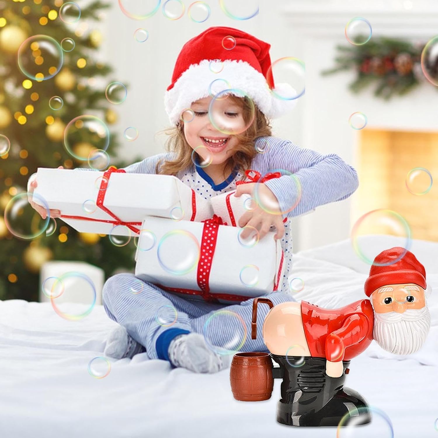 FIZZI SHOP JK SIDHU Bubble Blowing Santa with flashing lights and music, festive holiday decoration with cheerful holiday character.