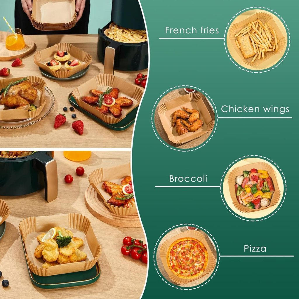 Set of 100 disposable square air fryer paper sheets from FIZZI SHOP, non-stick and heat-resistant for easy cooking cleanup.