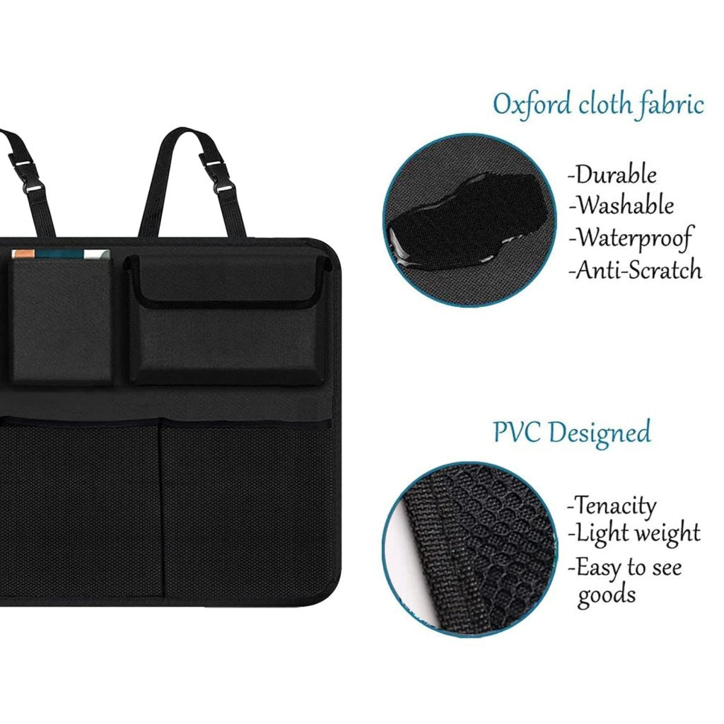 FIZZI SHOP JK SIDHU car backseat trunk organizer with multiple compartments for organizing belongings in the vehicle.