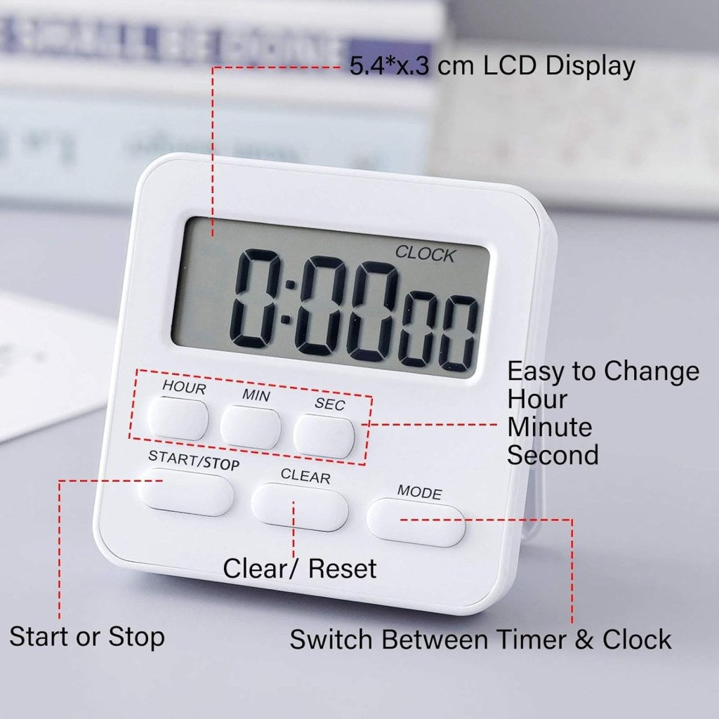 Digital kitchen timer alarm clock from FIZZI SHOP JK SIDHU, showing a digital display with timer buttons and a sleek design.