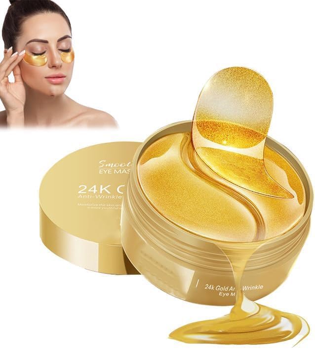 FIZZI SHOP 24K Gold Under Eye Patches shown on skin, designed to reduce puffiness and brighten the under eye area.