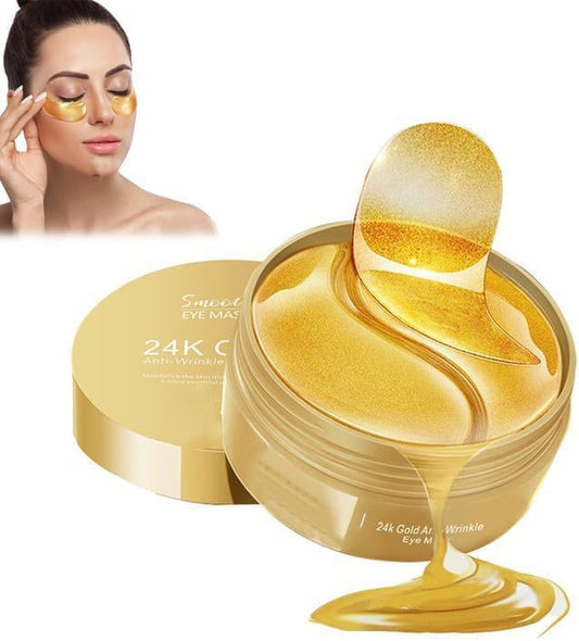 FIZZI SHOP 24K Gold Under Eye Patches shown on skin, designed to reduce puffiness and brighten the under eye area.