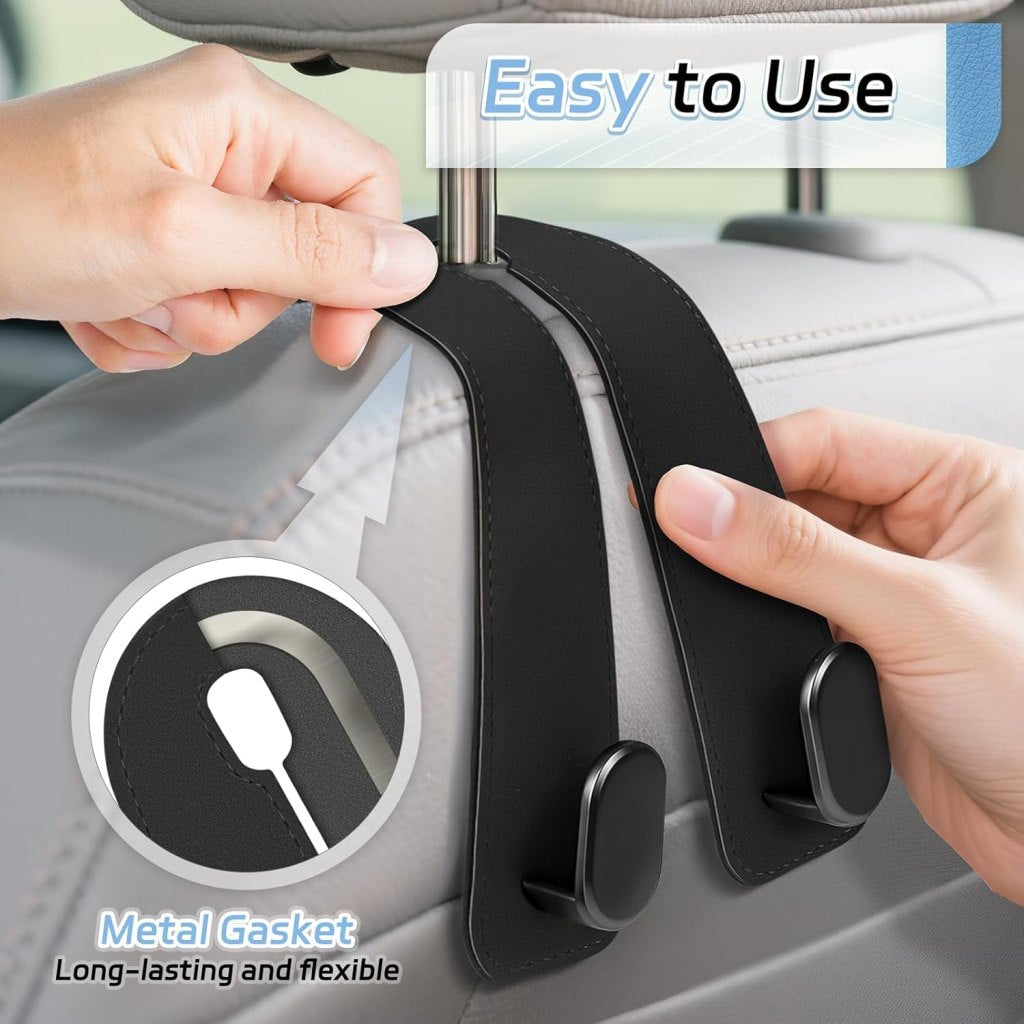 Leather car seat headrest hook by FIZZI SHOP, showing a close-up of the durable black hook attached to a leather headrest.