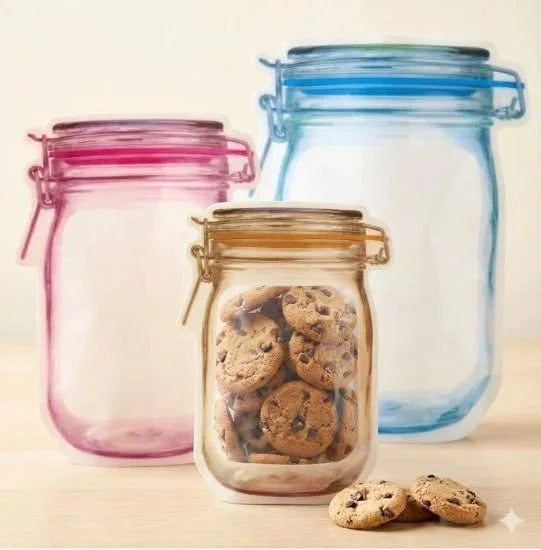 Set of three FIZZI SHOP food storage jar zip lock bags with clear plastic material for airtight food storage.