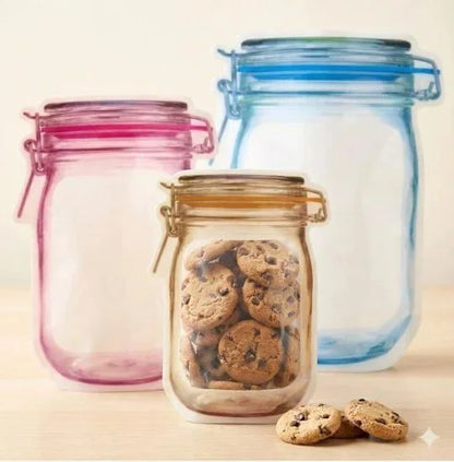 Set of three FIZZI SHOP food storage jar zip lock bags with clear plastic material for airtight food storage.