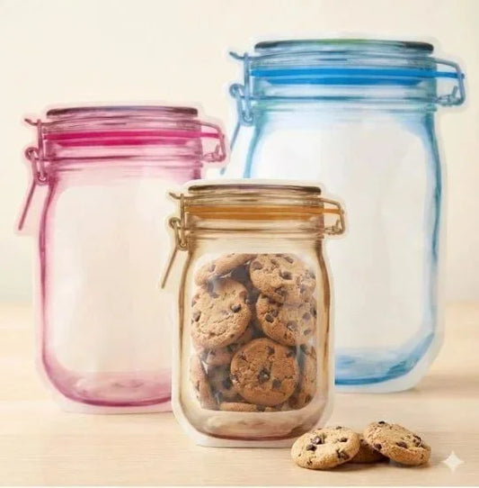 Set of three FIZZI SHOP food storage jar zip lock bags with clear plastic material for airtight food storage.