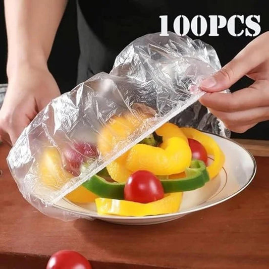 Set of 100 plastic food cover bags from FIZZI SHOP, reusable and lightweight for protecting food storage.