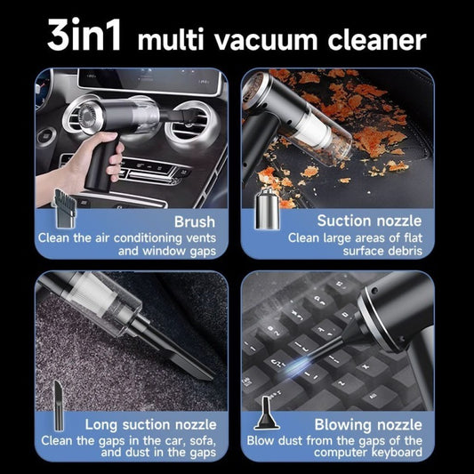 FIZZI SHOP 3-in-1 portable mini vacuum cleaner with handheld, hose, and brush attachments on a white background.