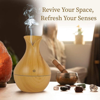 Pot-shaped wooden humidifier by FIZZI SHOP JK SIDHU with a rustic finish and visible water reservoir for home use.