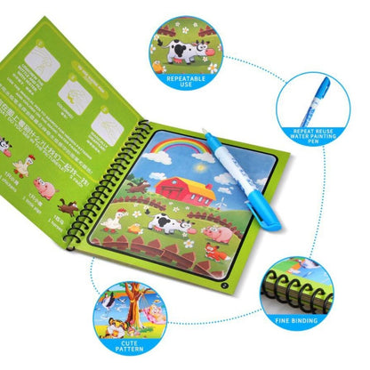 FIZZI SHOP JK SIDHU Magic Water Book with colorful pages and a magic pen, designed for children’s interactive learning and entertainment.