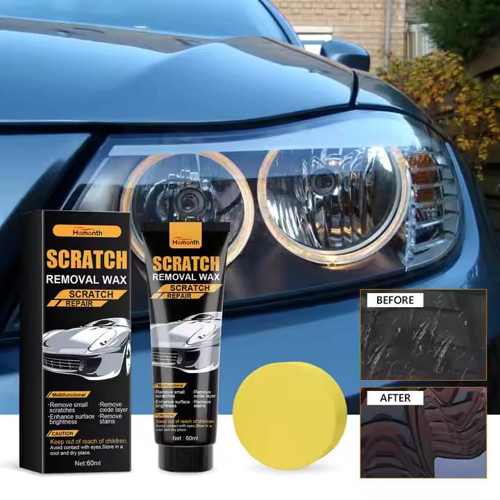 FIZZI SHOP car scratch removal wax repair paste jar with applicator tool and sample area showing repaired car surface