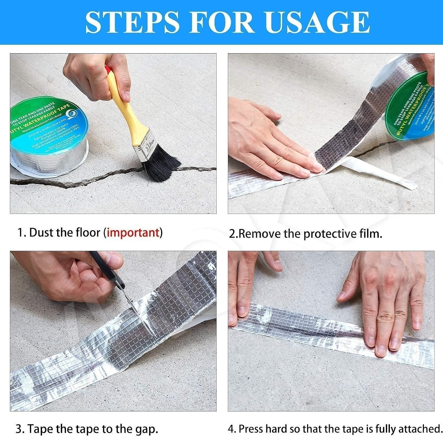 Waterproof aluminum butyl tape 2-inch by 5 meters from FIZZI SHOP, shown rolled out with a smooth metallic surface and adhesive edge.