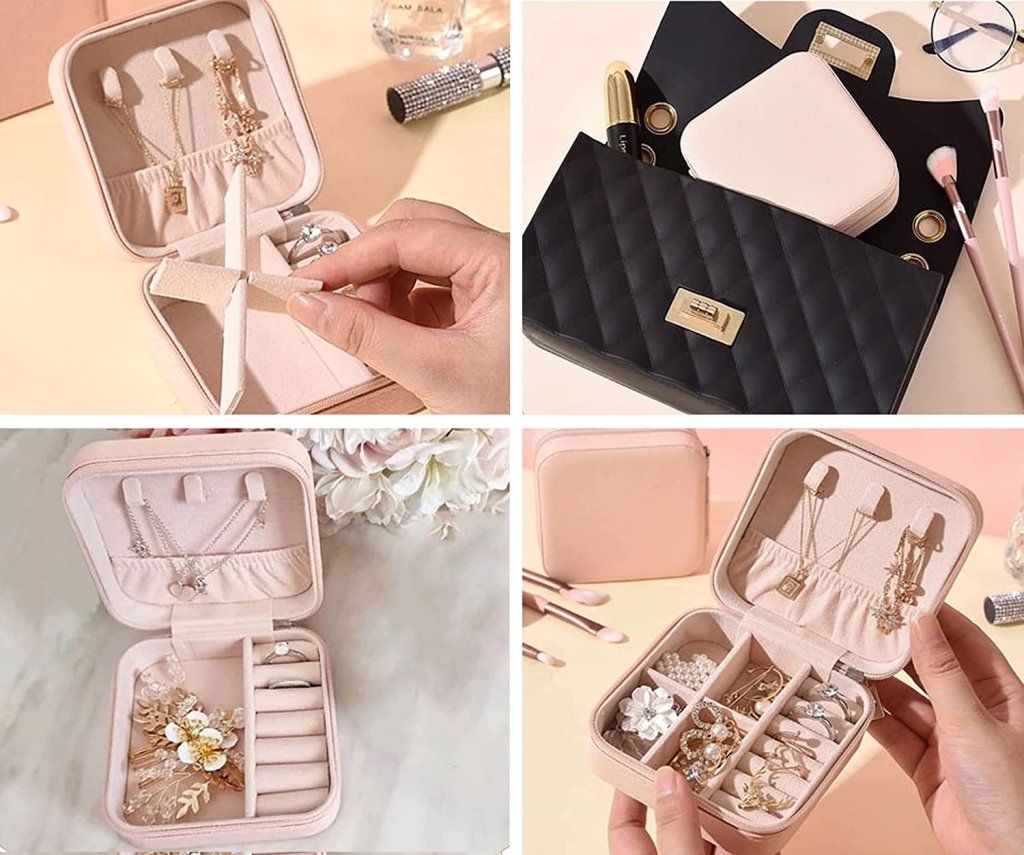 Leather PU jewelry box from FIZZI SHOP JK SIDHU, featuring compartments for organizing necklaces, rings, and earrings.