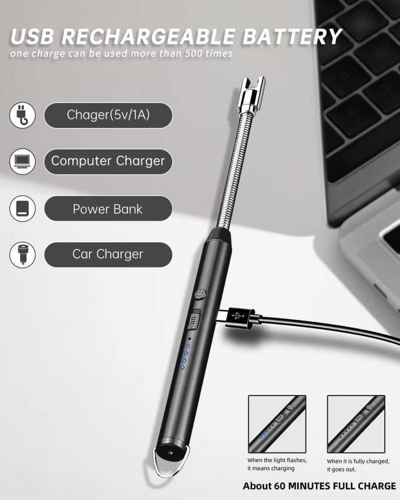 Rechargeable USB electric gas lighter by FIZZI SHOP with a sleek black design and an ergonomic ignition button.