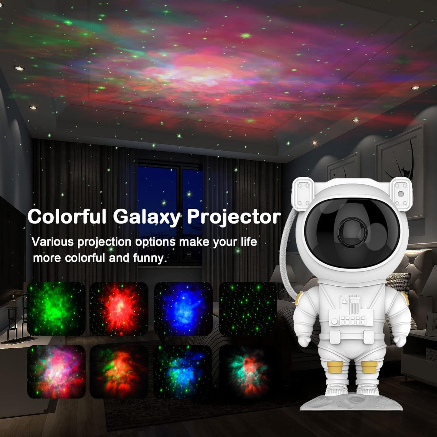 FIZZI SHOP astronaut star projection light displaying a celestial scene with a space-themed design and star patterns on a dark background.