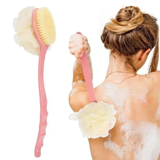 FIZZI SHOP 2-in-1 bath brush and back body scrubber with textured handle and exfoliating brush for cleansing skin.
