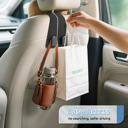 Leather car seat headrest hook by FIZZI SHOP, showing a close-up of the black hook attached to a car headrest for hanging items.