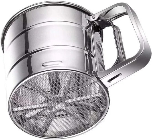 Stainless steel baking flour sifter from FIZZI SHOP JK SIDHU with handle and fine mesh for even flour distribution.