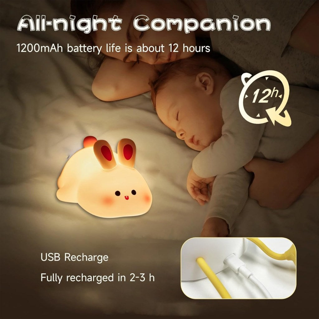 Silicone rabbit lamp by FIZZI SHOP, soft pink color, cute bunny shape, illuminated with gentle light, perfect for children's room decor.