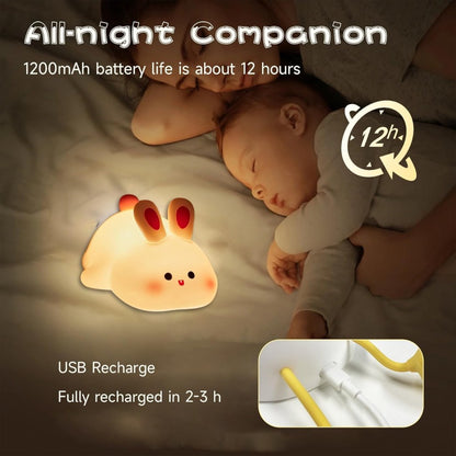 Silicone rabbit lamp by FIZZI SHOP, soft pink color, cute bunny shape, illuminated with gentle light, perfect for children's room decor.