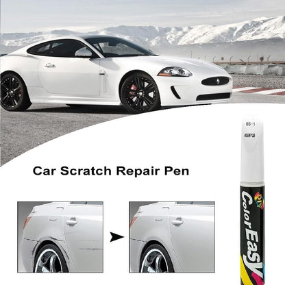White car scratch repair paint pen by FIZZI SHOP JK SIDHU, showing the pen and a car surface with a scratch repair in progress.
