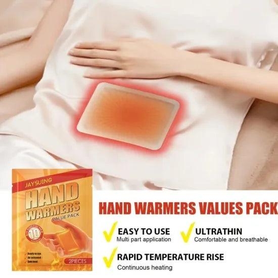 FIZZI SHOP self-heating hand warmer patches, pack of 10 pairs, showing reusable warm packs ready for cold weather use.