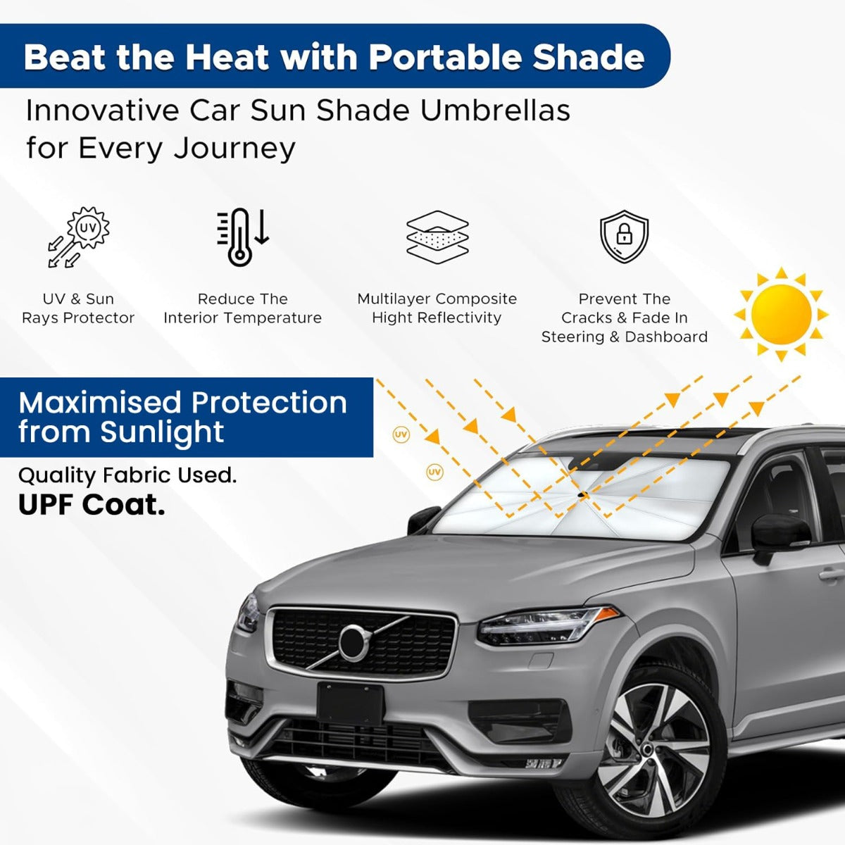 FIZZI SHOP car sun shade umbrella blocking sunlight from car window with reflective silver interior and black exterior