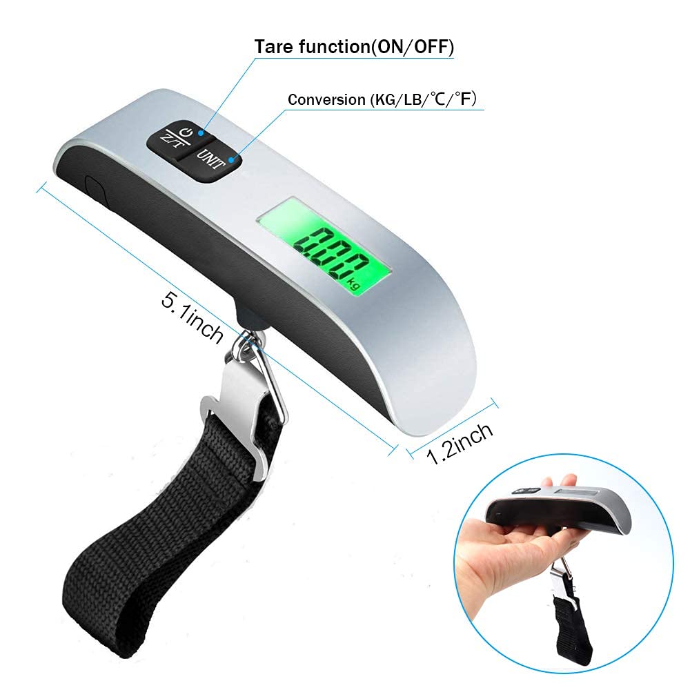 FIZZI SHOP metal luggage weight scale showing a digital display with a suitcase on the scale for travel weight measurement