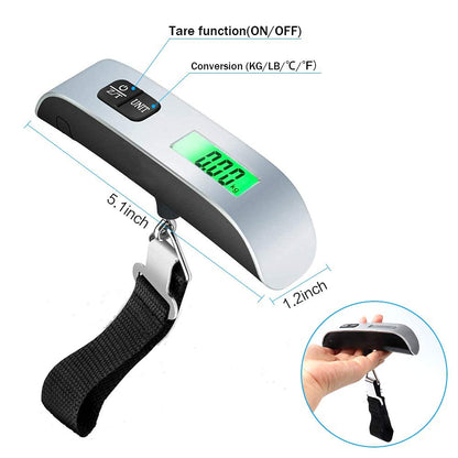 FIZZI SHOP metal luggage weight scale showing a digital display with a suitcase on the scale for travel weight measurement