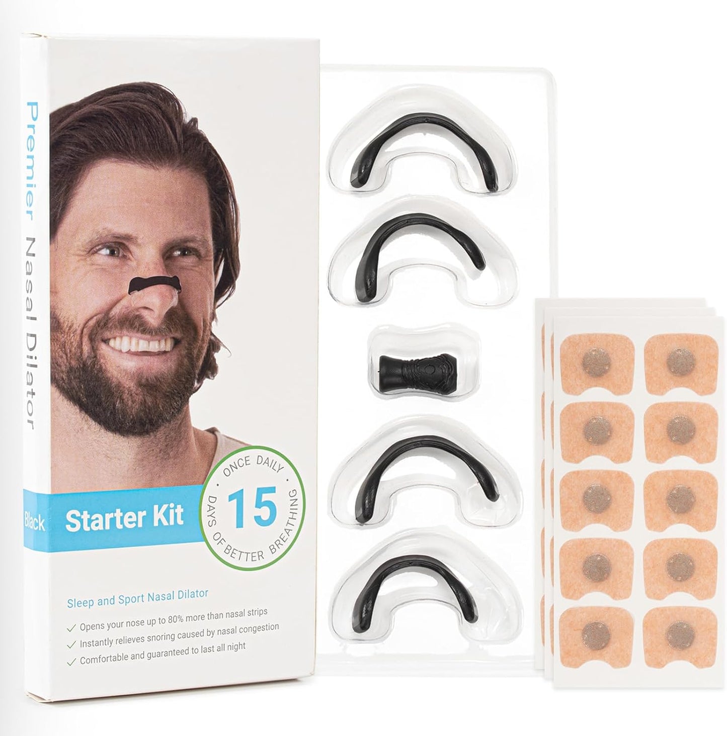 FIZZI SHOP breathing nasal strip applied across the nose to improve airflow and reduce snoring.