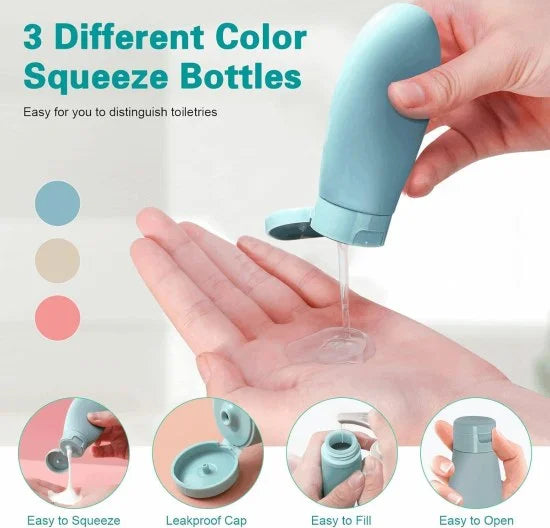 Set of 11 travel bottles from FIZZI SHOP, including small containers for liquids, toiletries, and travel essentials.