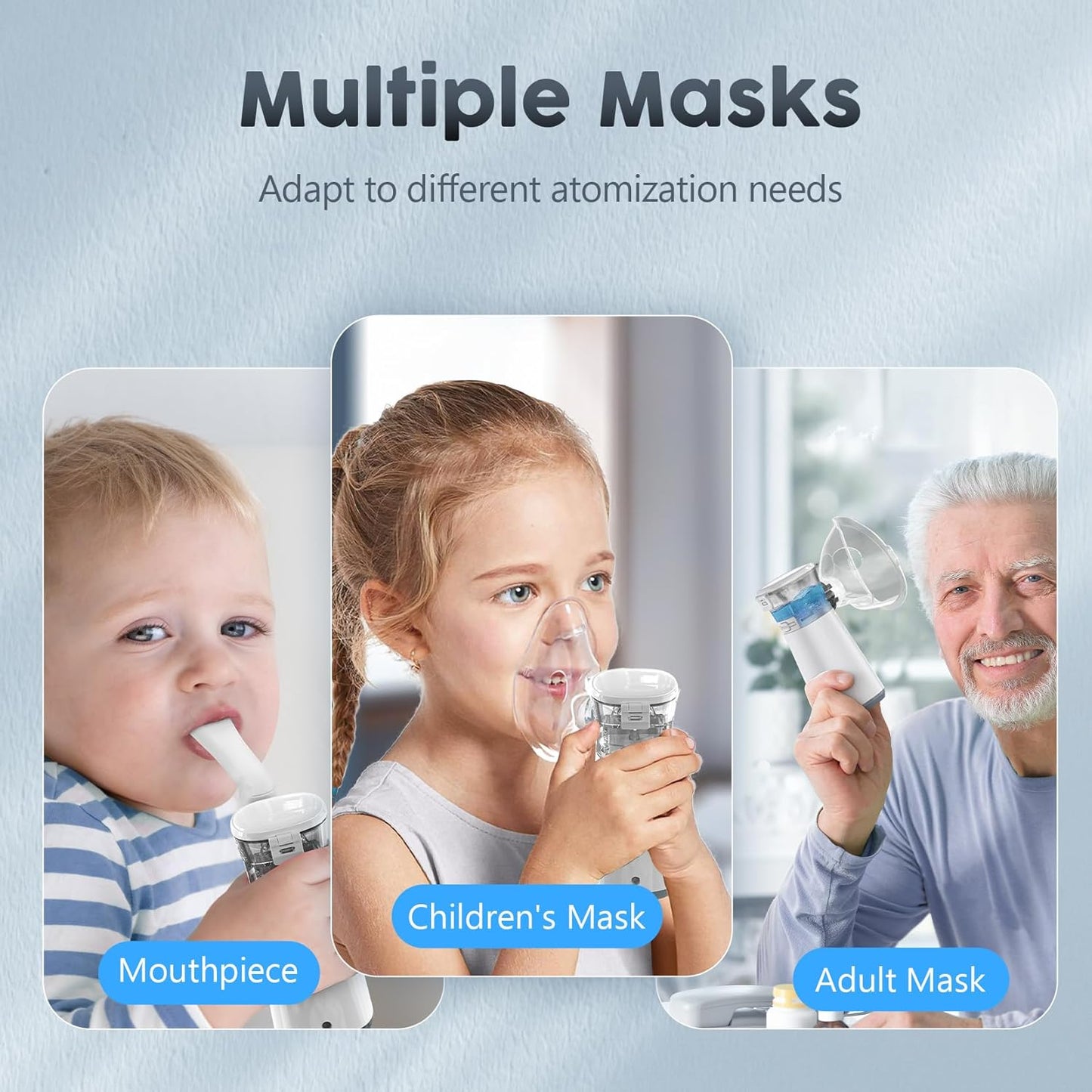 Mini portable mesh nebulizer by FIZZI SHOP showing compact design with transparent medication chamber and power button.