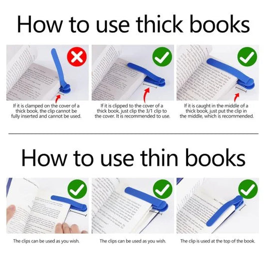 Three silicone automatic bookmarks in vibrant colors, flexible and easy to use for marking pages in books.