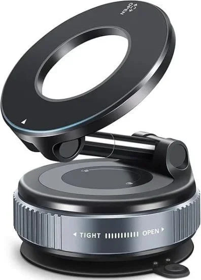 Magnetic phone holder and mobile stand with vacuum base from FIZZI SHOP, holding a smartphone securely on a desk or car mount.