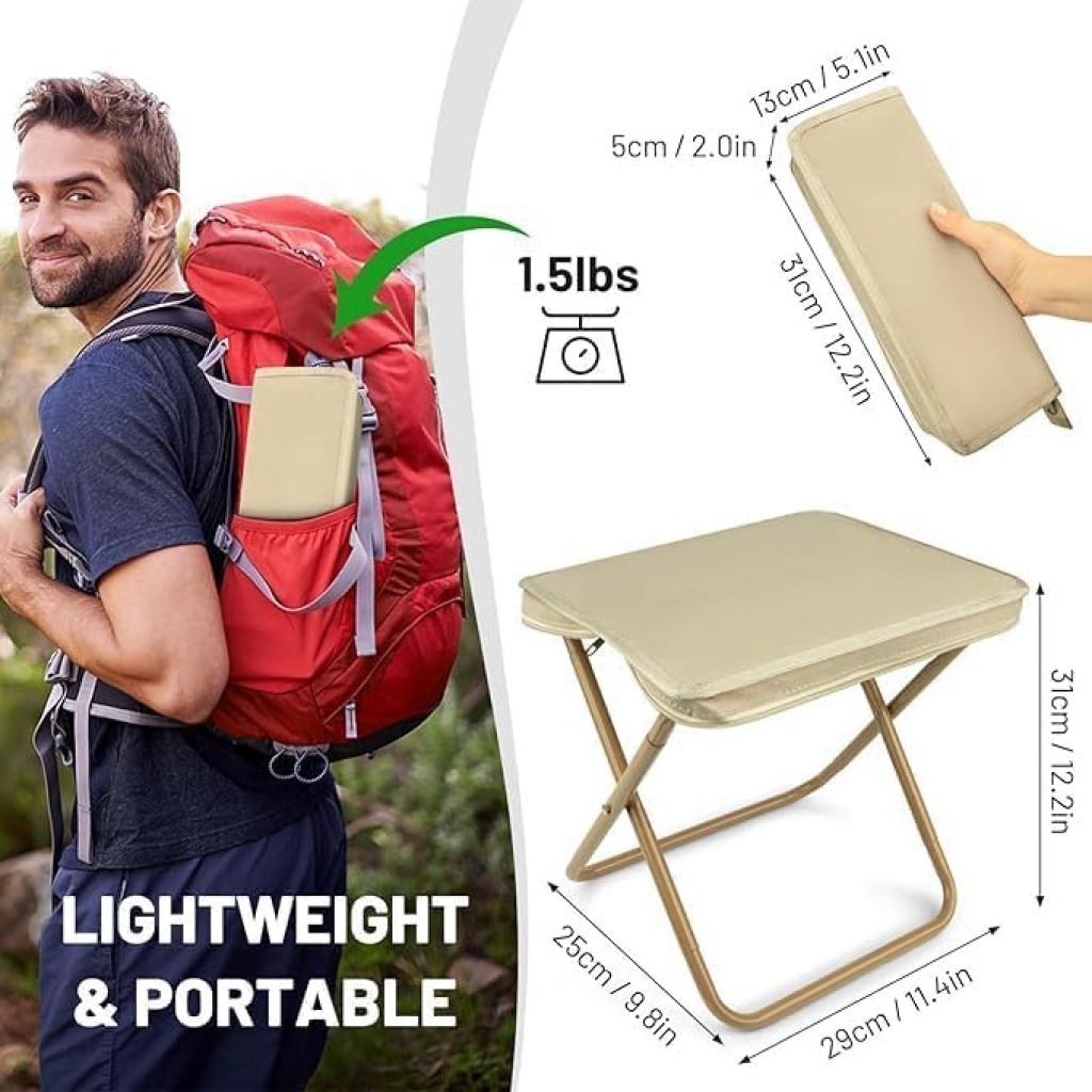 Foldable FIZZI SHOP JK SIDHU handbag folding stool with a stylish fabric exterior and sturdy metal frame.