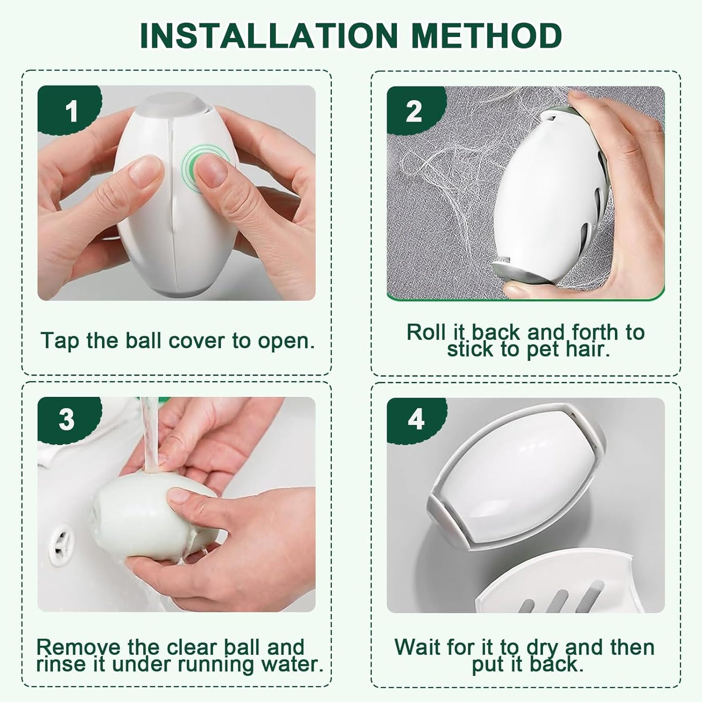 Reusable FIZZI SHOP lint roller ball with washable lint catcher and durable design, shown with lint and pet hair on clothing fabric.