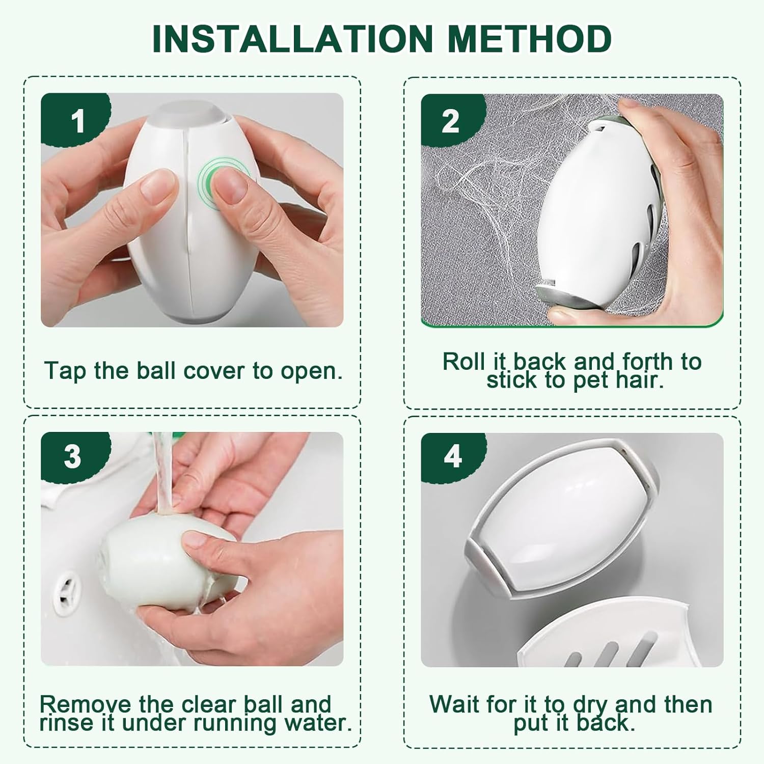 Reusable FIZZI SHOP lint roller ball with washable lint catcher and durable design, shown with lint and pet hair on clothing fabric.