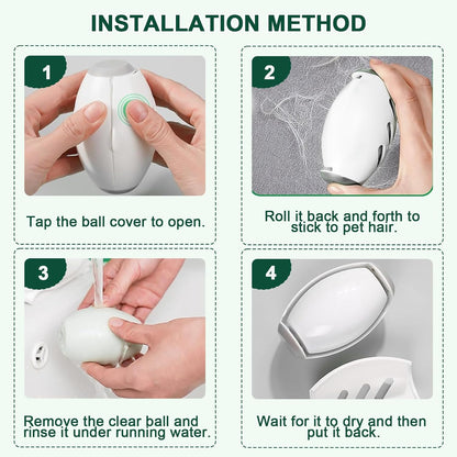 Reusable FIZZI SHOP lint roller ball with washable lint catcher and durable design, shown with lint and pet hair on clothing fabric.