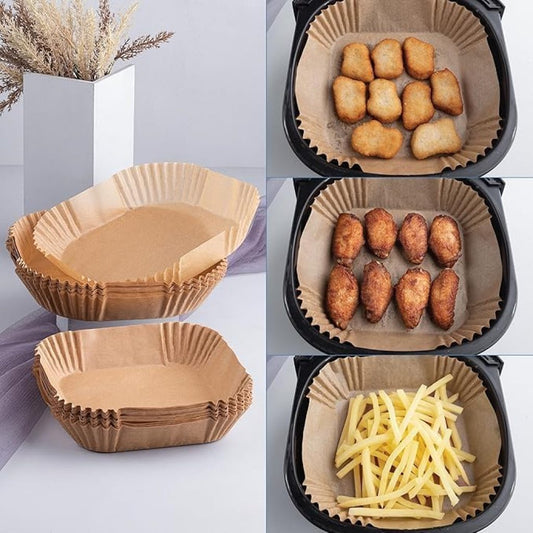 Set of 100 disposable square air fryer paper sheets from FIZZI SHOP, designed to fit inside air fryers for easy cleanup.